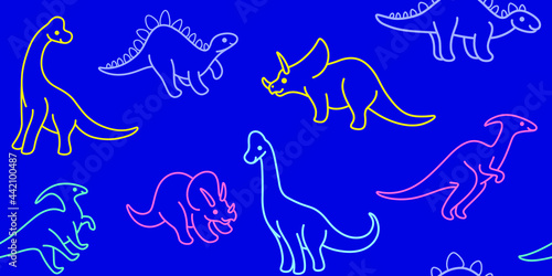 Cartoon dinosaur - seamless trendy pattern with ceratops, parasaurolophus, brachiosaurus, stegosaurus. Flat vector illustration on blue background.