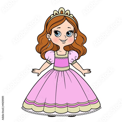 Cute cartoon girl dressed ball dress and tiara color variation for coloring page isolated on white background