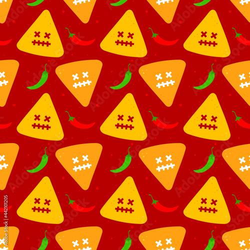 Bright background with nacho and chili on a red background. Seamless pattern for textile, cover, banner or packaging for the holiday. Vector, illustration