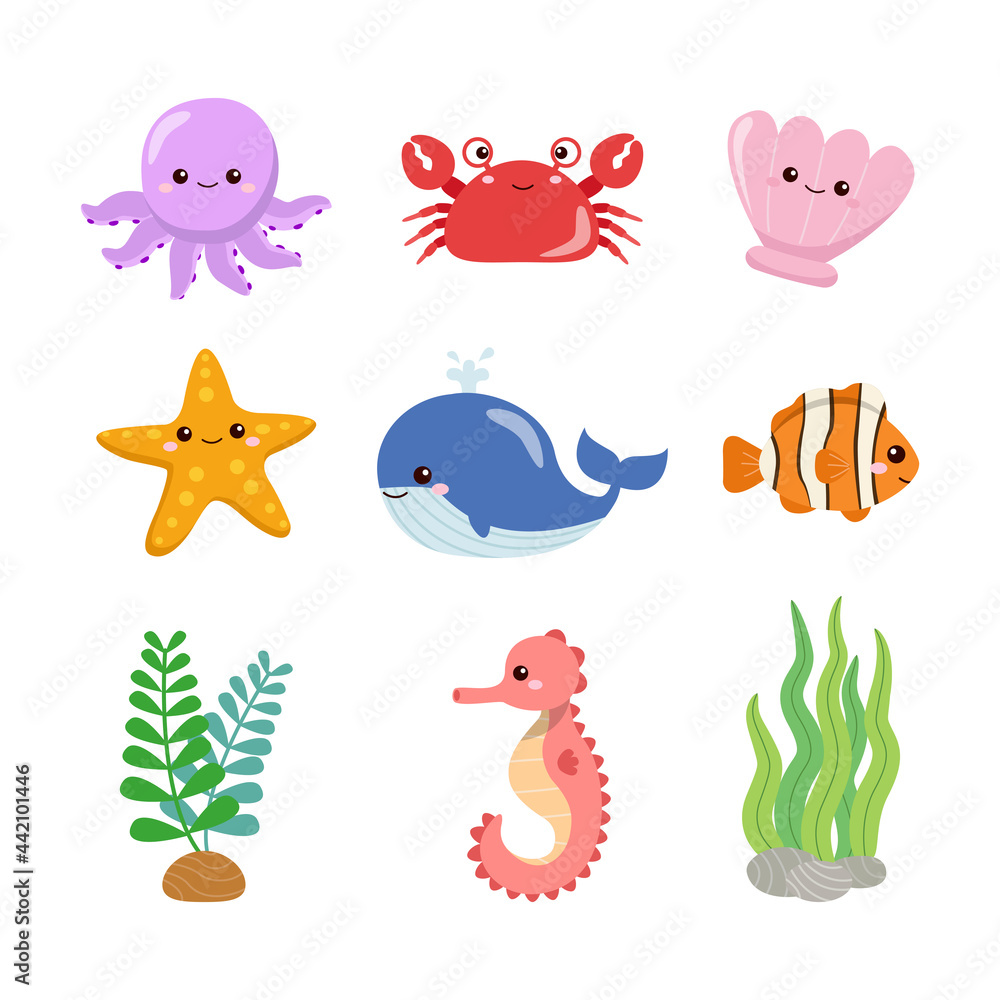 Cute colorful sea creatures collection. Underwater animals. Flat vector cartoon design. Cute colorful sea creatures collection. Underwater animals. Flat vector cartoon design.