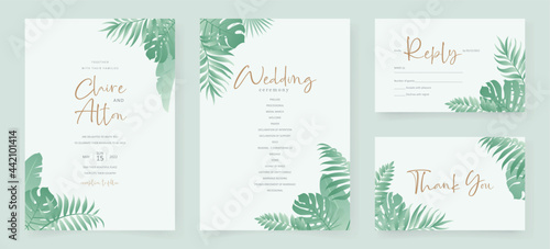 Summer wedding card design with tropical leaf ornament