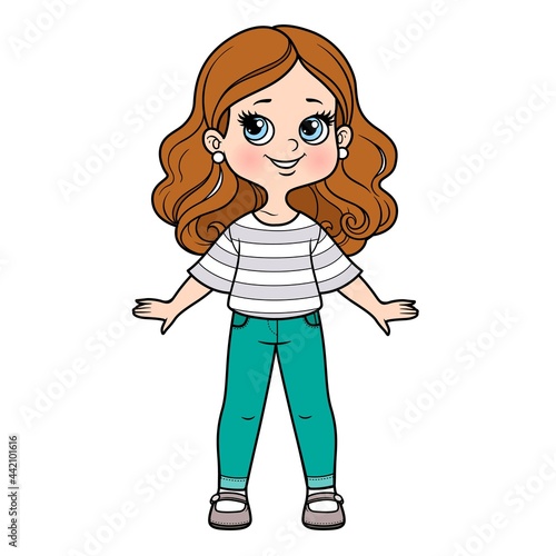 Cute cartoon girl in stripped casual blouse and narrow denim jeans color variation  for coloring page on a white background