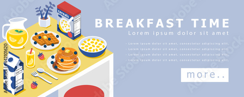 Illustration vector 3d isometric flat design banner of full food drink and dessert set on table as breakfast time concept.