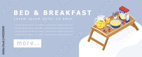 Illustration vector 3d isometric flat design banner of wooden tray with cereal bowl on bed as berakfast in bed concept.