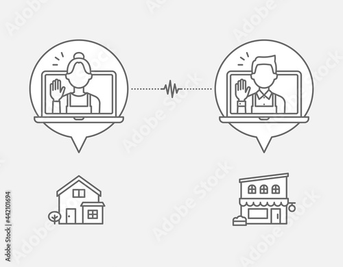 自宅でオンライン調理教室のレッスンを受けている女性とレストランのシェフの、線画アイコン