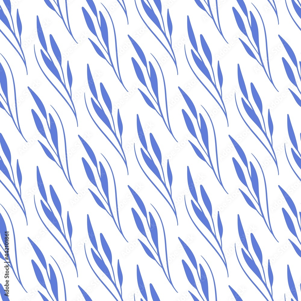 Floral seamless vector pattern with blue branches and leaves. For textile, package design and any backgrounds. Floral seamless vector pattern with blue branches and leaves. For textile, package design and any backgrounds.