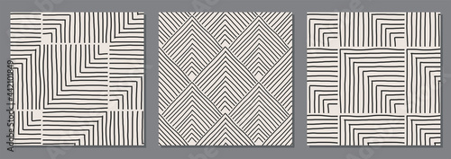 Set of trendy minimalist seamless pattern with abstract hand drawn composition