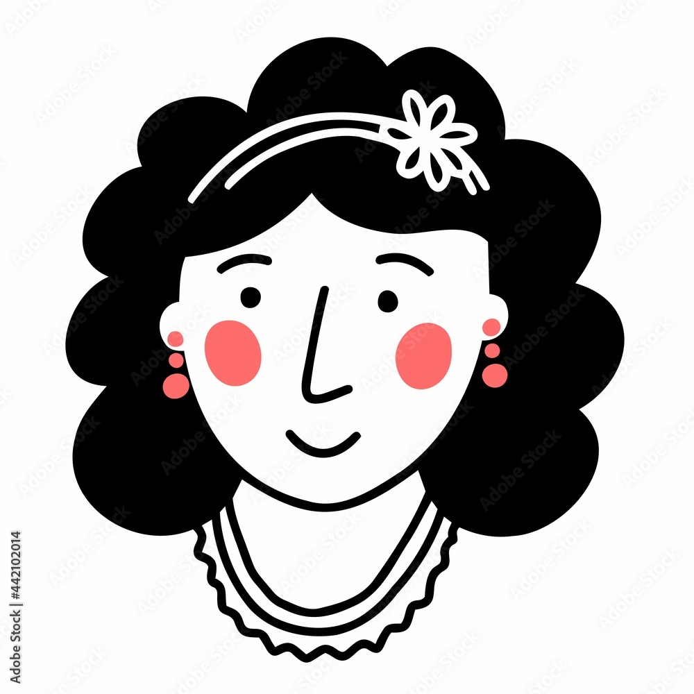 Hand drawn doodle smiling woman's face with flower in the hair. Vector line illustration.