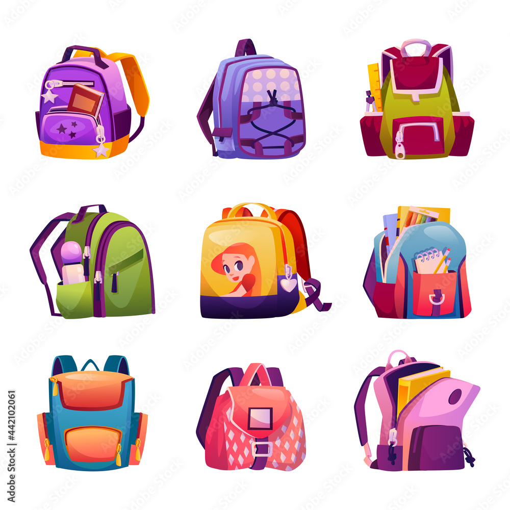 School bags for boys and girls, design and models of boyish and girlish backpacks. Satchels with supplies, books and pencils. Handbags with accessories and stationery. Flat cartoon style vector School bags for boys and girls, design and models of boyish and girlish backpacks. Satchels with supplies, books and pencils. Handbags with accessories and stationery. Flat cartoon style vector