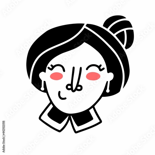 Hand drawn doodle smiling woman's face. Vector line illustration.