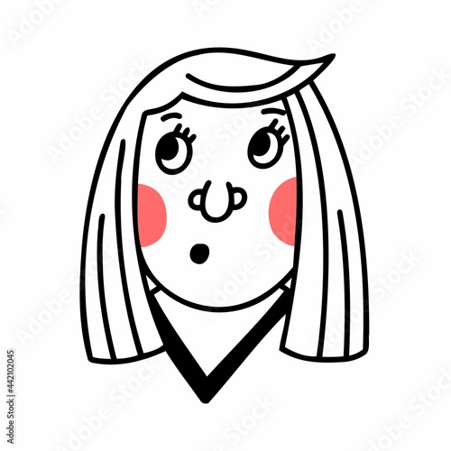 Hand drawn doodle surprised woman's face. Vector line illustration.
