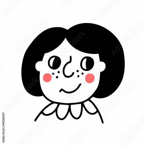 Hand drawn doodle suspicious girl's face. Vector line illustration.