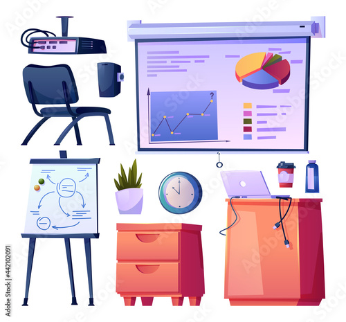 Contemporary school or office, university or college interior design isolated elements. Furniture and gadgets. Cabinets and whiteboard, projector and laptop, loudspeakers chair. Flat cartoon vector