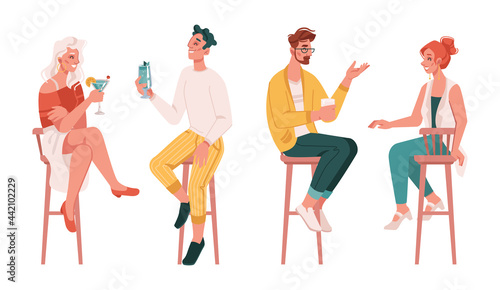 Men and women drinking alcoholic drinks, people enjoying cocktails in bar, pub or restaurant. Isolated friends talking and chatting, entertainment or nightlife. Flat cartoon character vector