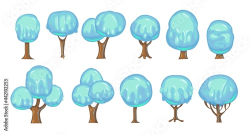 Set of fabulous sweet trees. For landscapes with blue caramel, ice cream or jelly. Perspiration. Childrens fun illustration. Cartoon style. Vector.