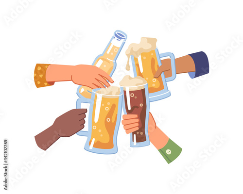 Cheers and celebration, isolated hands holding glasses and bottle of beer, light and dark or pale ale. People cheering and toasting, togetherness and happy leisure of friends. Flat cartoon vector