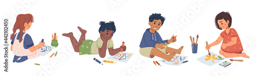 Children playing and drawing with crayons, isolated boys and girls with pencils in kindergarten lessons. Kids doing home assignment. Preschoolers improving skills. Flat cartoon character vector