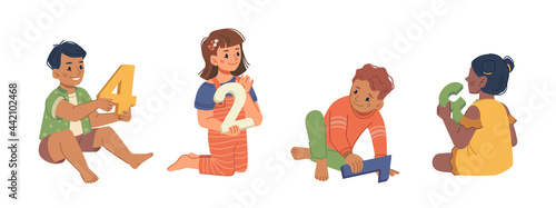 Education in kindergarten, kids learning numeric systems and studying to count. Playground or playroom for preschoolers or primary class. Isolated toddlers with numbers. Flat cartoon character vector