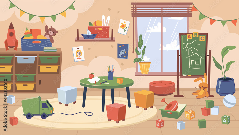 Furniture and toys in kindergarten classroom, interior design of contemporary room for kids. Chalkboard with drawings, car trucks and dolls, cabinets and rugs for playing. Vector cartoon style