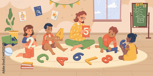 Kindergarten children and teacher on classes. Educator and children in playroom, tutor explaining numeric system and how to count. Elementary school education lessons. Flat cartoon character vector