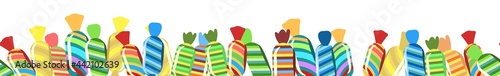 Sweets and scattered. Assorted lollipop dessert interspersed. Candy caramel wrapped. Bottom seamless border. Flat Background illustration. Vector