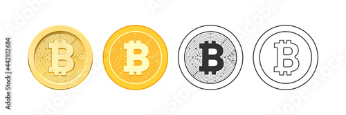 Decentralized virtual currency for payment and transactions, isolated bitcoin icons in realistic, flat and line style. Golden coins, electronic exchange and financial profit, vector illustration photo