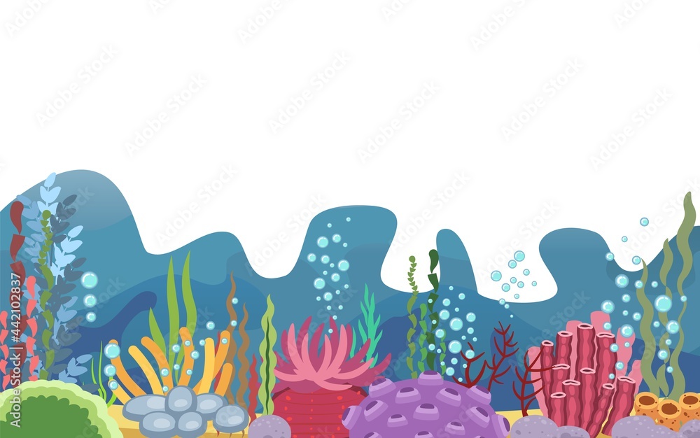 The bottom of the reservoir with fish. Blue water. Sea ocean. Underwater landscape with animals, plants, algae and corals. Illustration in cartoon style. Isolated. Flat design. Vector art