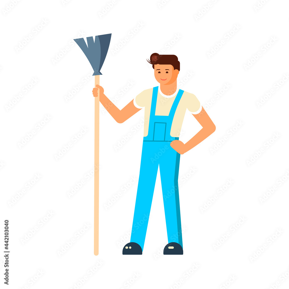 Male friendly cleaner with a mop dressed in work clothes Male friendly cleaner with a mop dressed in work clothes