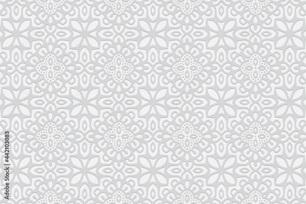 3d volumetric convex embossed geometric white background. Beautiful fashionable pattern with ethnic ornament in the style of handmade islam, arabic, indian, turkish, pakistani, chinese, ottoman motive