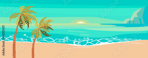 Sea coast panoramic landscape on sunset with sand beach and palm trees.