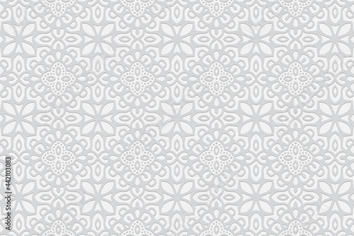 3d volumetric convex embossed geometric white background. Beautiful fashionable pattern with ethnic ornament in the style of handmade islam, arabic, indian, turkish, pakistani, chinese, ottoman motive