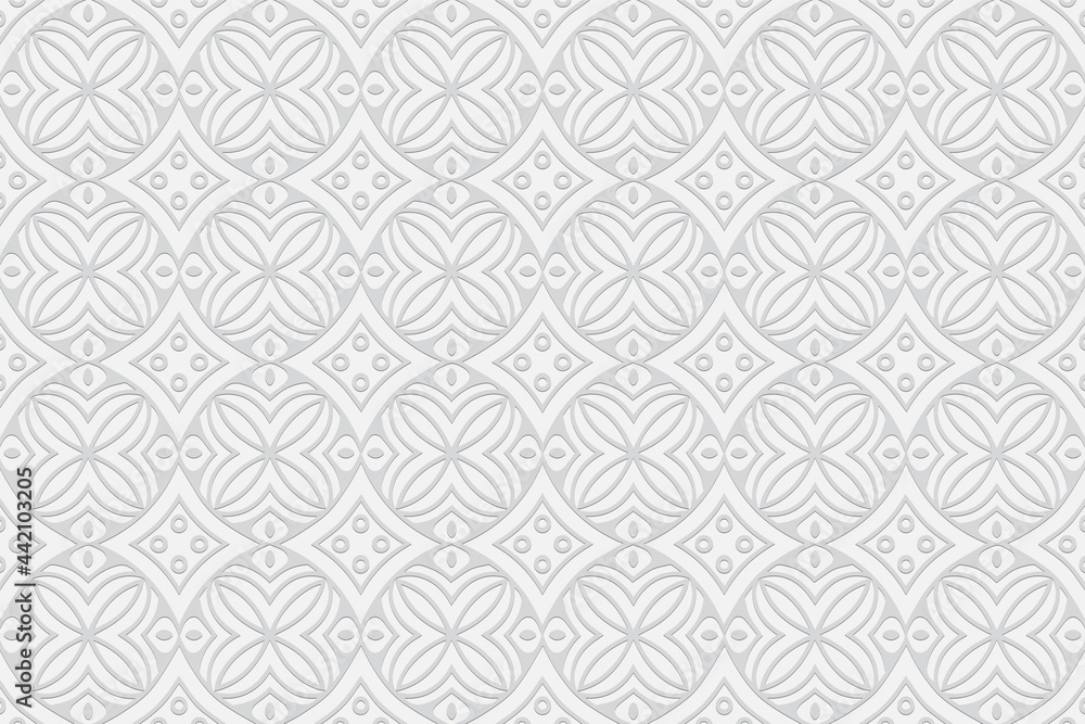 3d volumetric convex embossed geometric white background. Abstract pattern with ethnic ornament in the style of handmade islam, arabic, indian, turkish, pakistani, chinese, ottoman motives.
