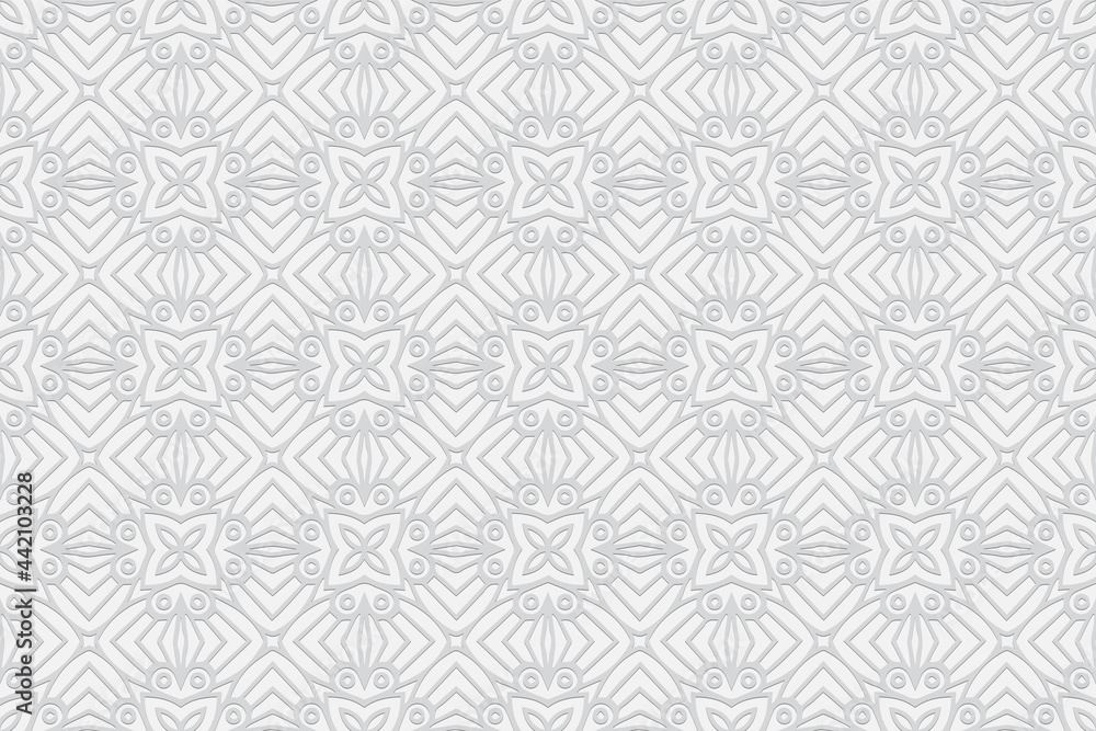 3d volumetric convex embossed geometric white background. A graceful pattern with ethnic ornaments in the style of handmade Islam, Arabic, Indian, Turkish, Pakistani, Chinese, ottoman motives.