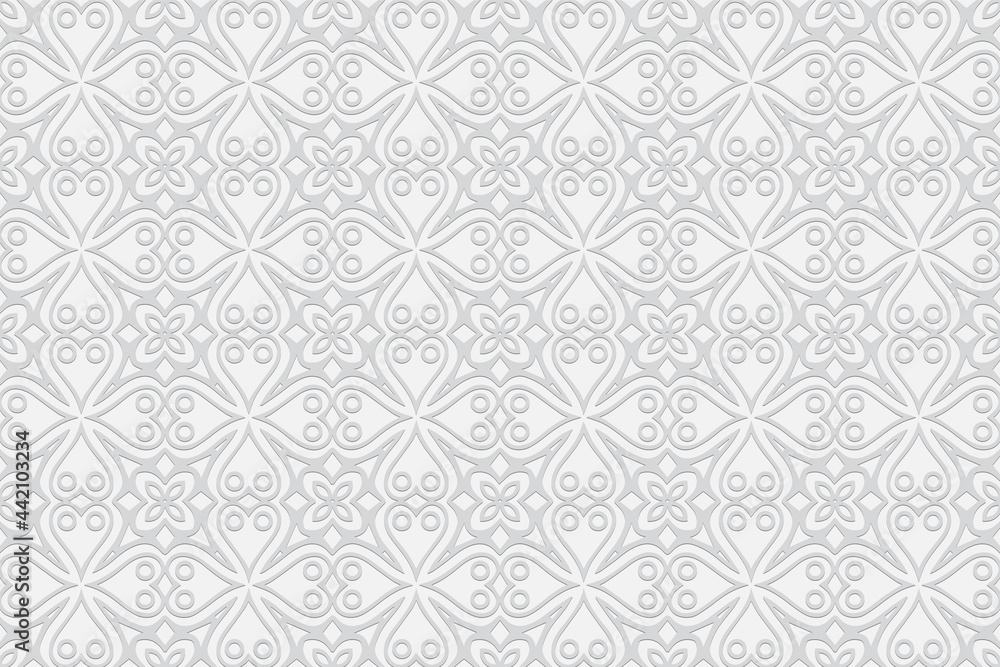 3d volumetric convex embossed geometric white background. Artistic pattern with ethnic ornament in handmade style for Islam, Arabic, Indian, Turkish, Pakistani, Chinese, ottoman motives.