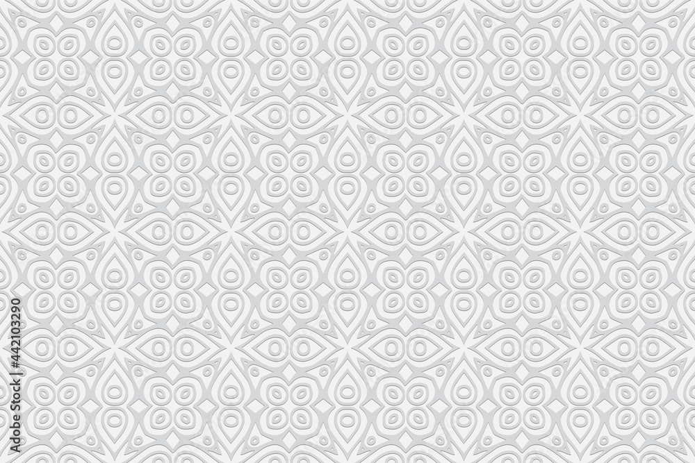 3d volumetric convex embossed geometric white background. Ethnic beautiful pattern with handmade ornament in Islam, Arabic, Indian, Turkish, Pakistani, Chinese, ottoman motives.