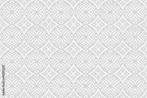 3d volumetric convex embossed geometric white background. Abstract pattern with ethnic ornament in the style of handmade islam, arabic, indian, turkish, pakistani, chinese, ottoman motives.

