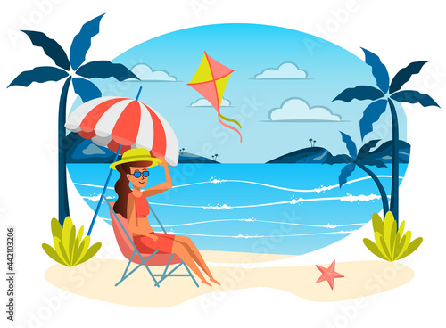 Summer vacation isolated scene. Woman sunbathing at lounger under umbrella, flying kite on beach. Young girl resting at seaside resort or tropical island. Vector illustration in flat cartoon design