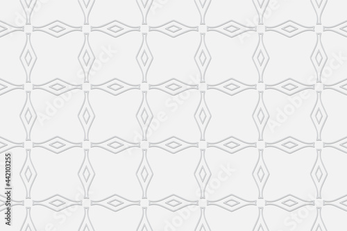 3d volumetric convex embossed geometric white background. Minimalist pattern with ethnic ornament in handmade style for Islam, Arabic, Indian, Turkish, Pakistani, Chinese, ottoman motives.