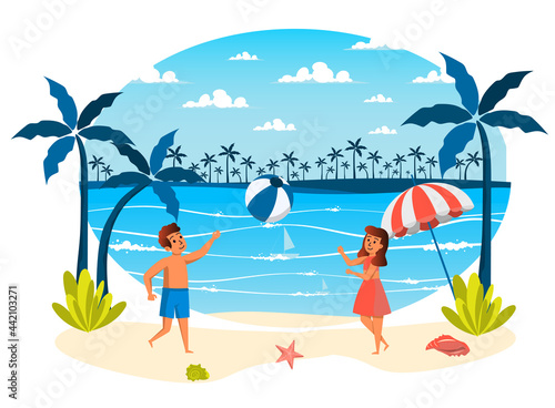 Summer vacation isolated scene. Girl and boy playing ball on beach. Children doing sport activities, resting at seaside resort, recreation tropical island. Vector illustration in flat cartoon design