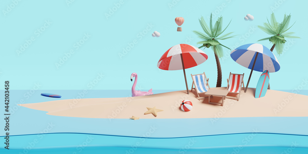 summer sea beach and island with beach chair,umbrella,ball ,Inflatable flamingo,cloud,Hot air balloon,starfish,coconut tree isolated landscape background concept ,3d illustration or 3d render