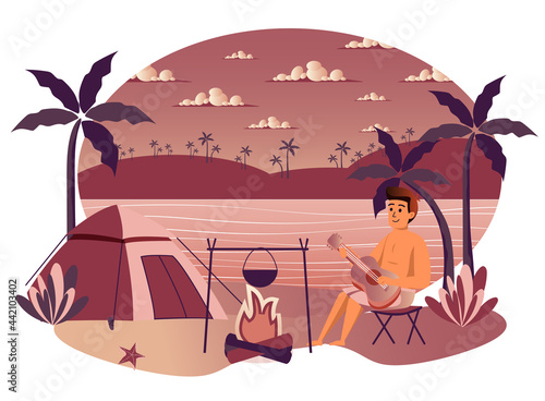 Summer vacation isolated scene. Tourist sitting by fire, playing guitar, resting in tent on beach by sea. Guy recreation at seaside resort tropical island. Vector illustration in flat cartoon design