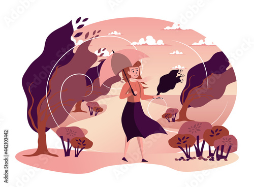 Woman walking under umbrella in autumn park isolated scene. Young girl hurries home in bad storm windy weather. Autumn landscape and seasonal activities. Vector illustration in flat cartoon design