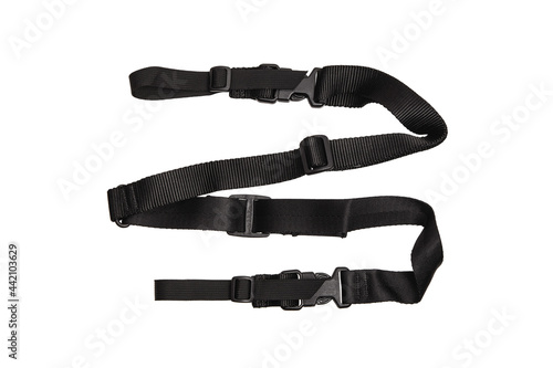 Sturdy modern nylon shoulder strap. Weapon strap. Isolate on a white back