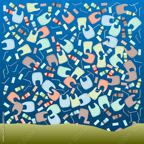 Ocean Pollution. Plastic Bottles, Bag, Mask, Jars