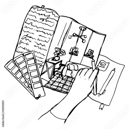 Black and white interior sketch. The workplace of an interior designer.