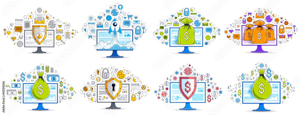 Moneybag with protection shield over computer PC monitor vector illustrations set with a lot of different signs and symbols, personal finance safety or savings concept collection. Moneybag with protection shield over computer PC monitor vector illustrations set with a lot of different signs and symbols, personal finance safety or savings concept collection.