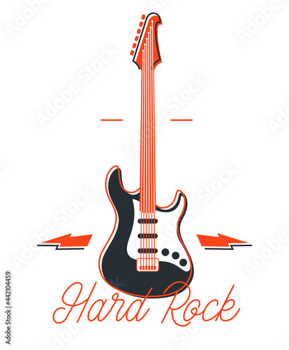 Hard rock and heavy metal emblem or logo vector flat style illustration isolated, electric guitar with lightning bolts, logotype for recording label or studio or musical band.