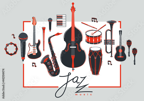 Jazz music band poster different instruments vector flat illustration, live sound festival or concert advertising flyer or banner, play different instruments orchestra.