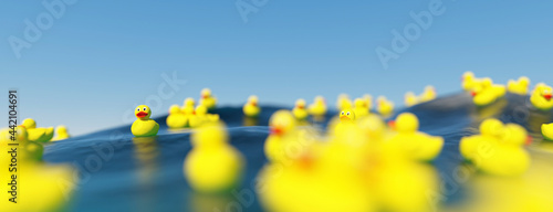 Foto Collection of toy rubber ducks floating on the ocean happy 3d render