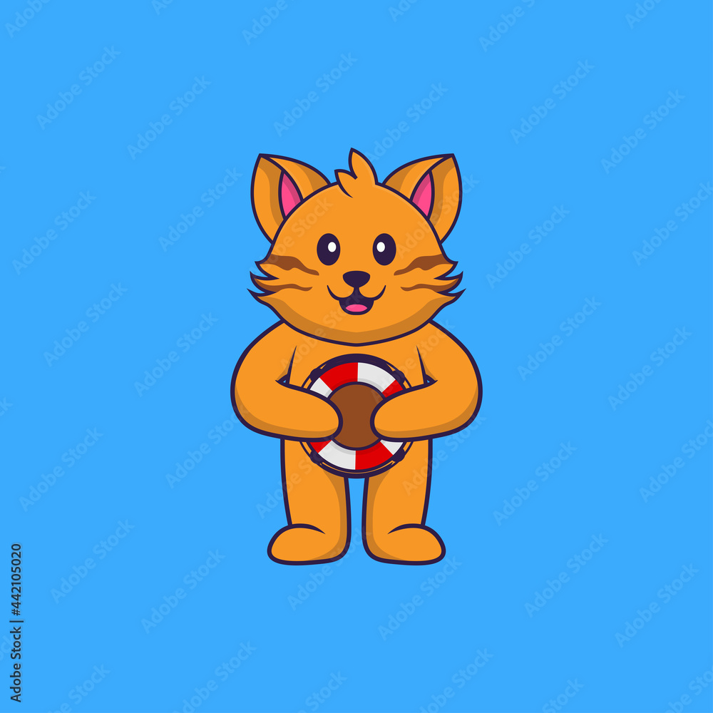 Obraz premium Cute cat holding a buoy. Animal cartoon concept isolated. Can used for t-shirt, greeting card, invitation card or mascot. Flat Cartoon Style